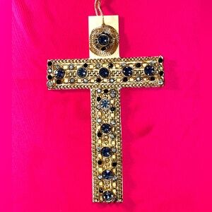 Wood ✝️of Repurposed Jewelry w/ Grey & Black Rhinestones & Gold color Chains